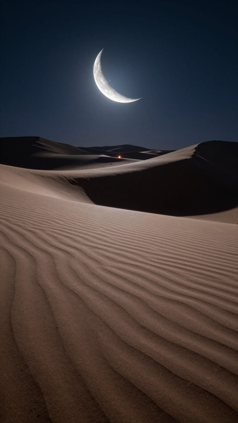 Hyperrealistic Desert Night with Crescent Moon Over Dunes