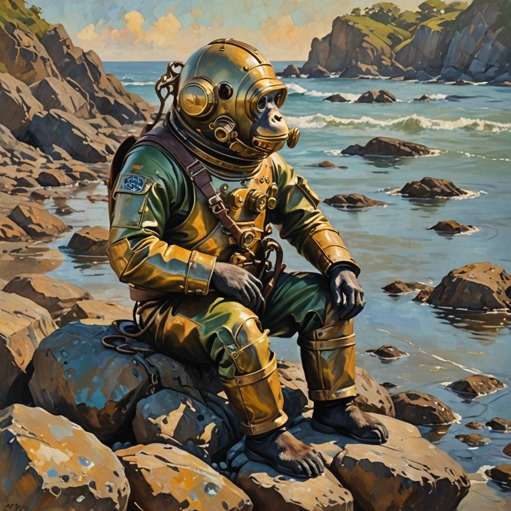 Monkey in Diving Suit, Impressionist Oil Painting