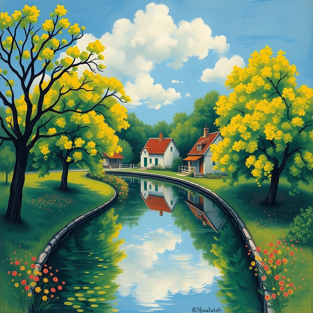 Surreal Naive Village Scene with Blossoming Trees and Canal