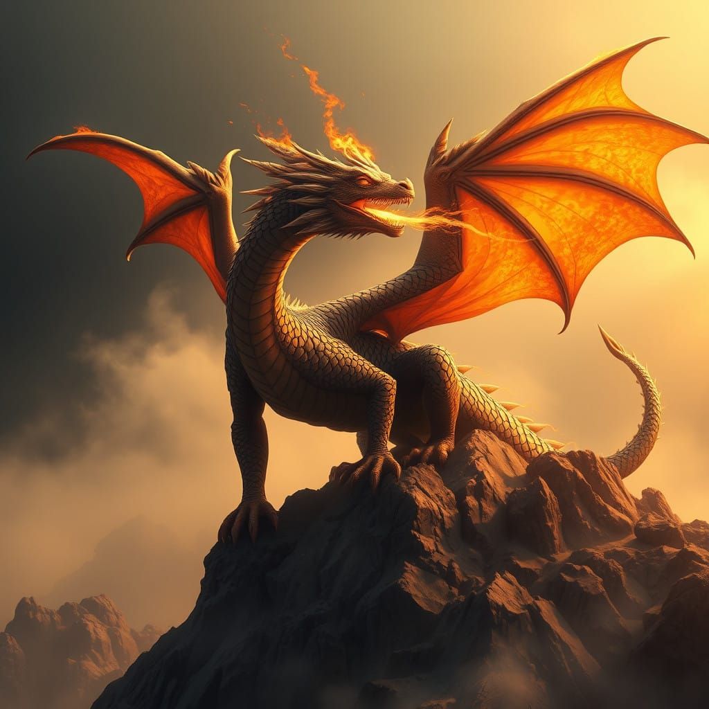 Hyper-Realistic Fire-Breathing Dragon in Majestic Landscape