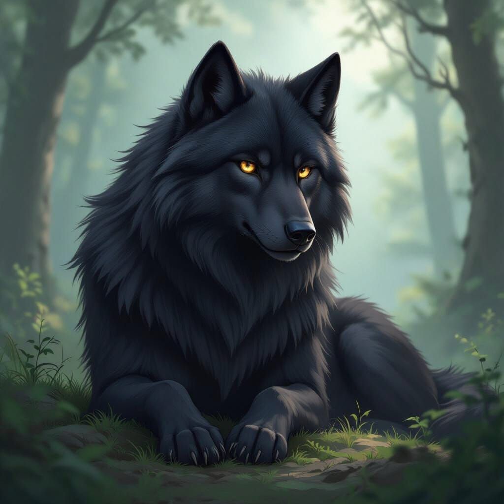 Majestic Black Wolf Alyr with Amber Eyes in Mystical Forest