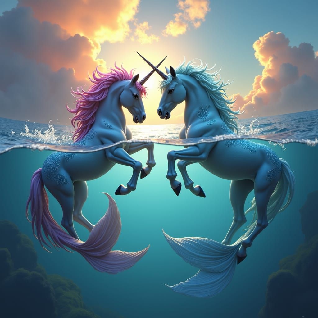 Mermaids Diving into Luminescent Unicorns in Fantasy Art