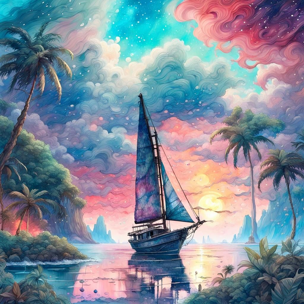 Enchanted Sailboat on Tropical Seascape, Watercolor Painting