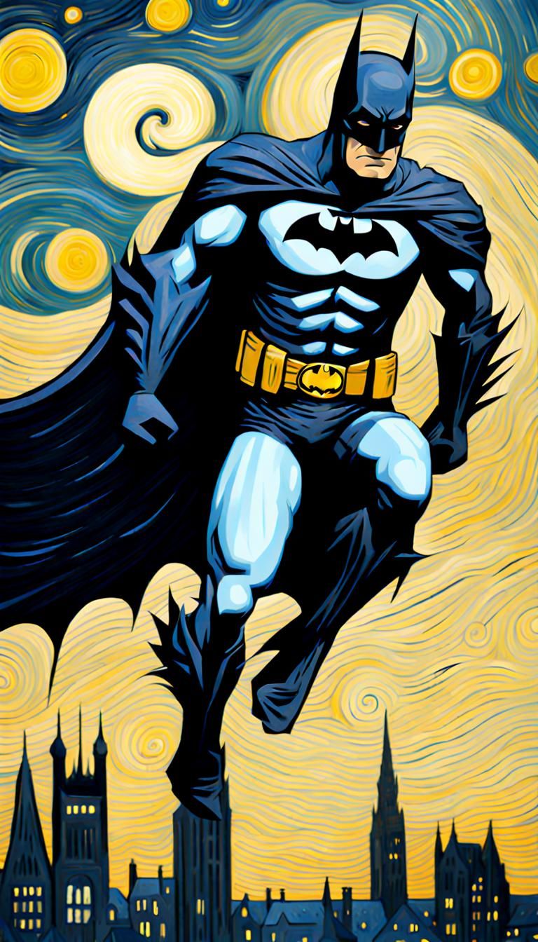 Batman Flies Through a Starry Night as Van Gogh Painting