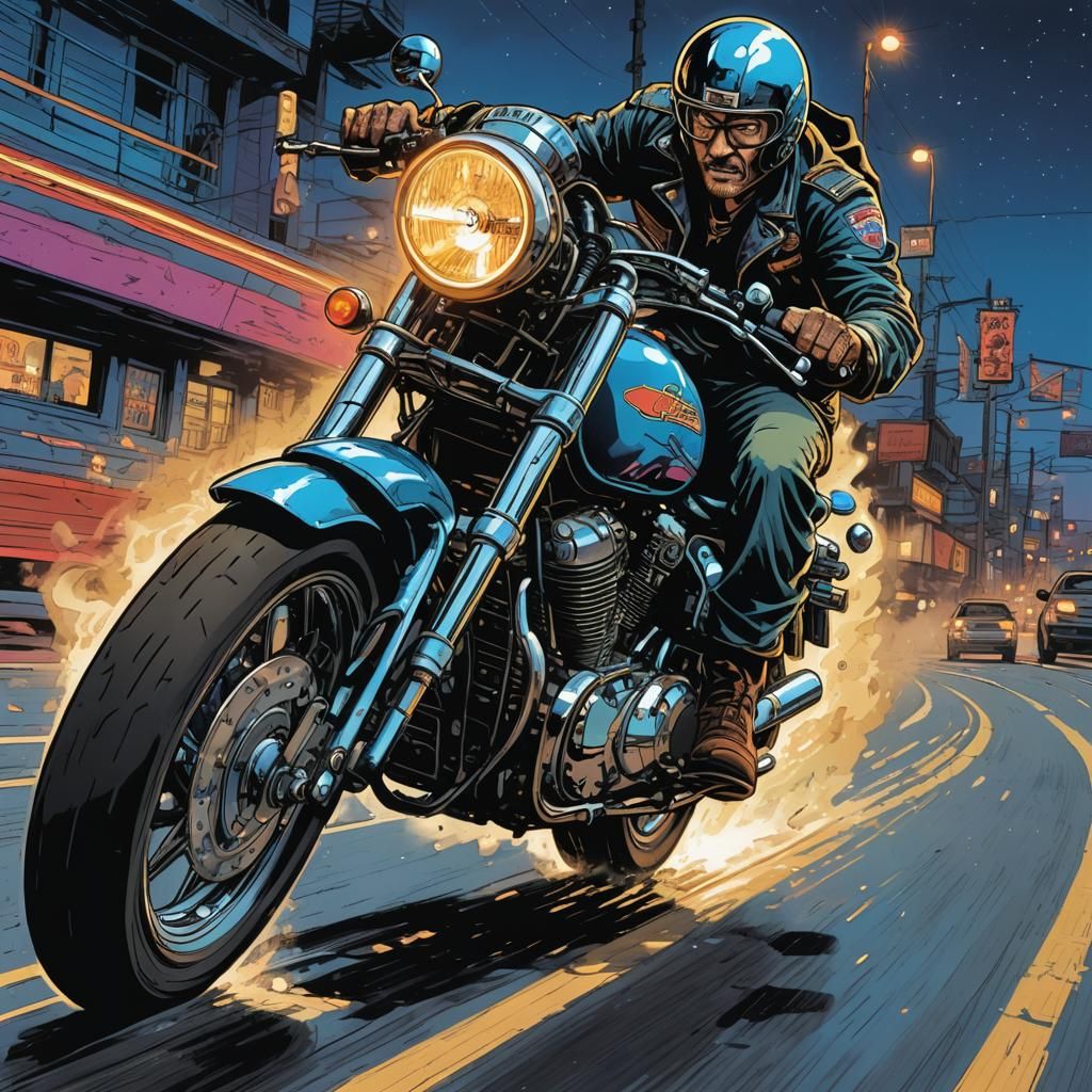 Motorcycle Speeds Down Neon Highway: Comic Book Art