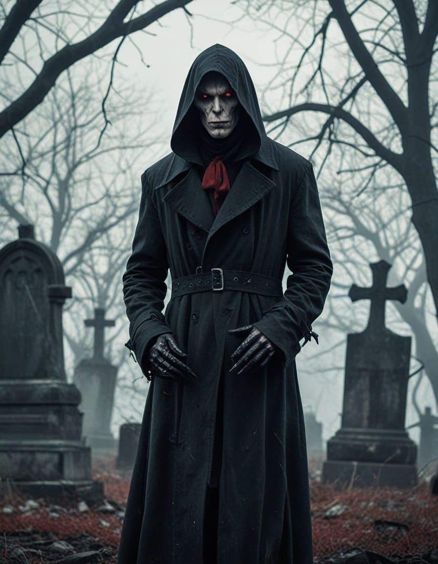 Strigoi Figure in Ruined Cemetery: Gothic Horror Art