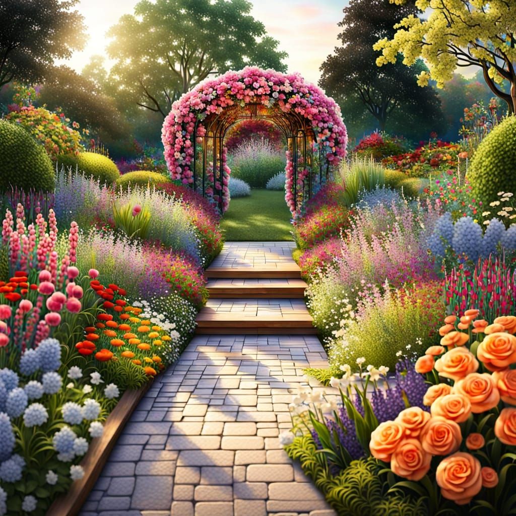 Vibrant Garden Scene in Whimsical Watercolor Style