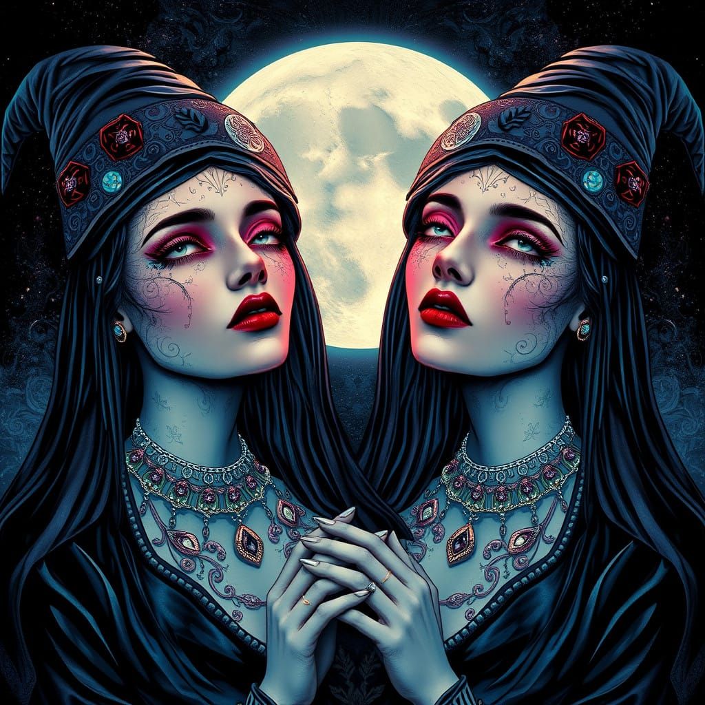 Gothic Sisters under Full Moon in Victorian Elegance