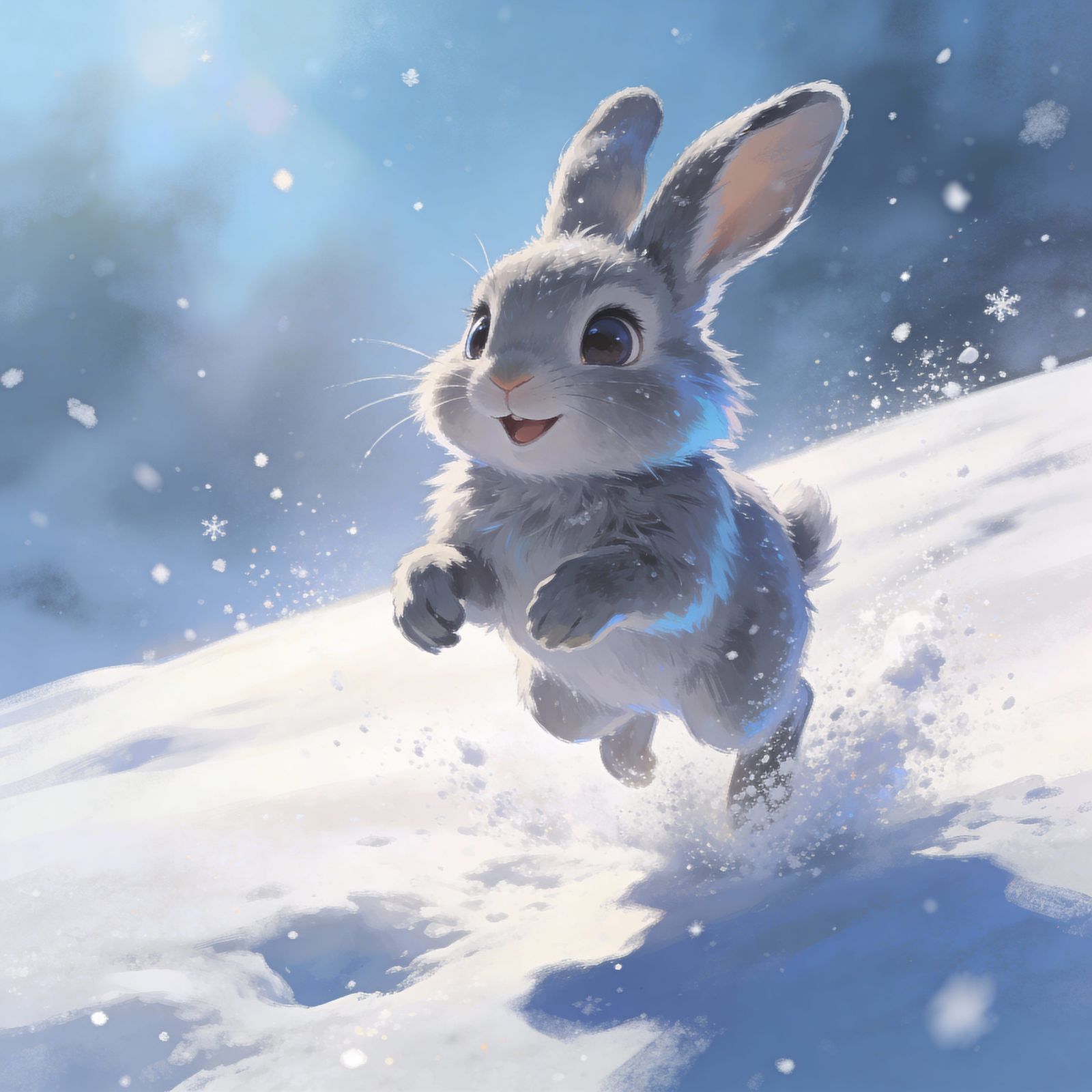 Adorable Bunny Leaping Through Snowy Winter Landscape