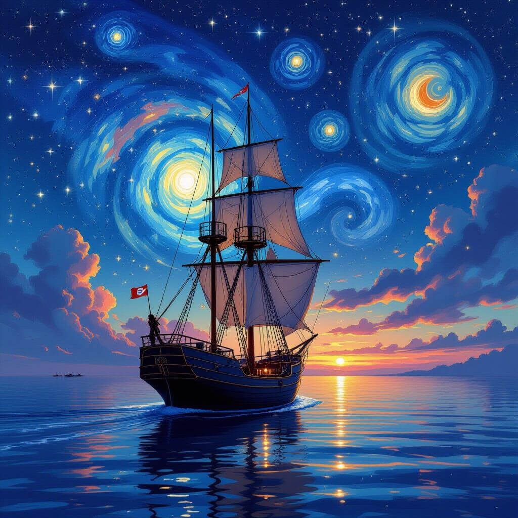 Celestial Sailing Ship in Starry Night Sky