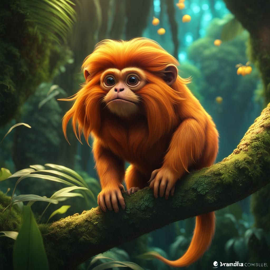 Cute and adorable Golden Lion tamarin at tropical forest, fantasy,