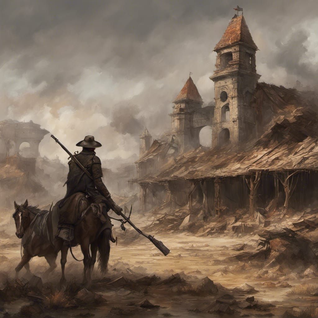 Witch Hunter in Ruined City, Digital Art - AI Art, image size:1024x1024