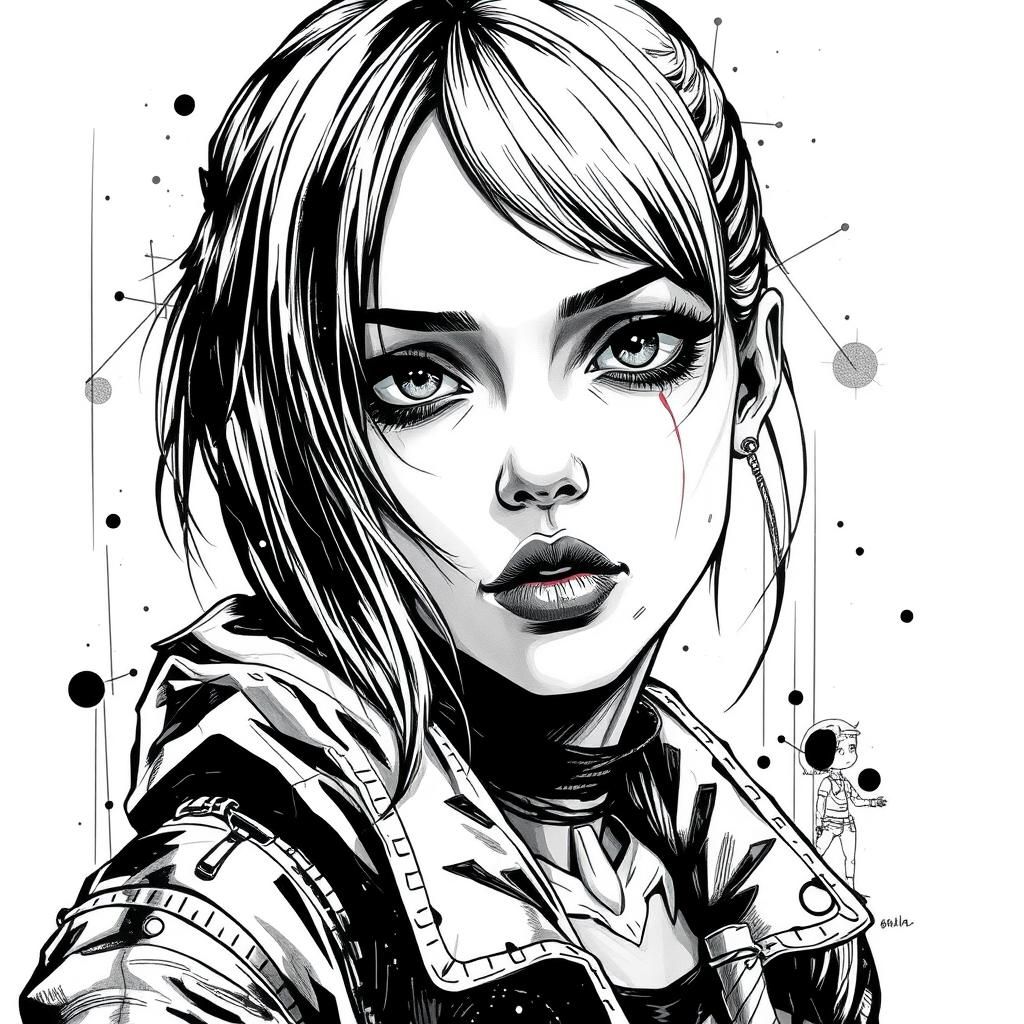 Cyberpunk Girl in Ink and Charcoal Style