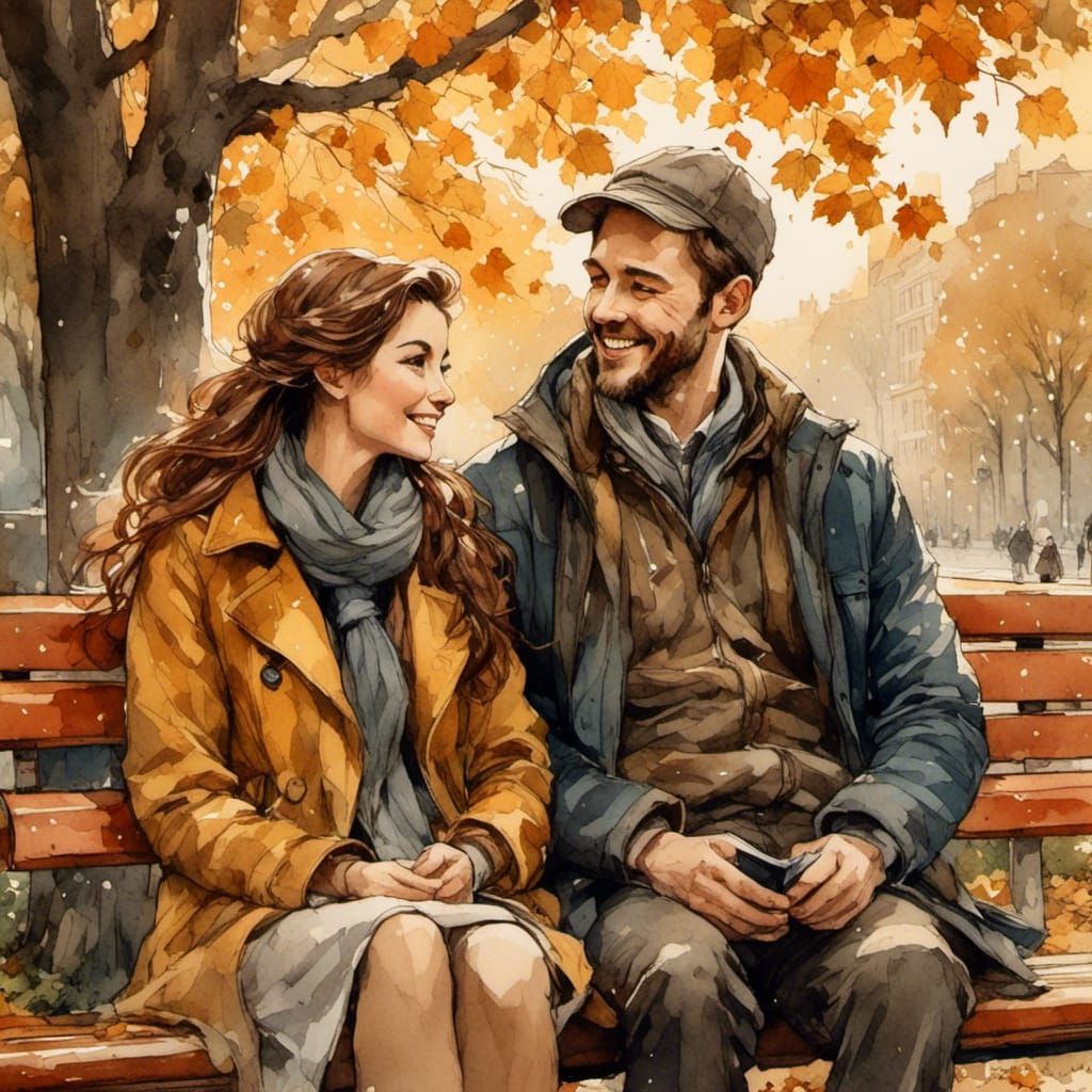 Happy Couple in Autumn, Oil Painting