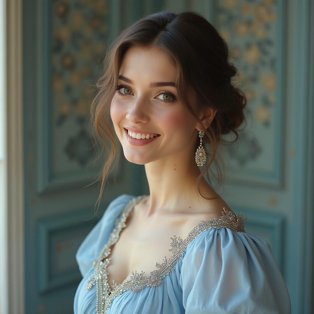 Elegant Woman in Pale Blue Outfit with Whimsical Details