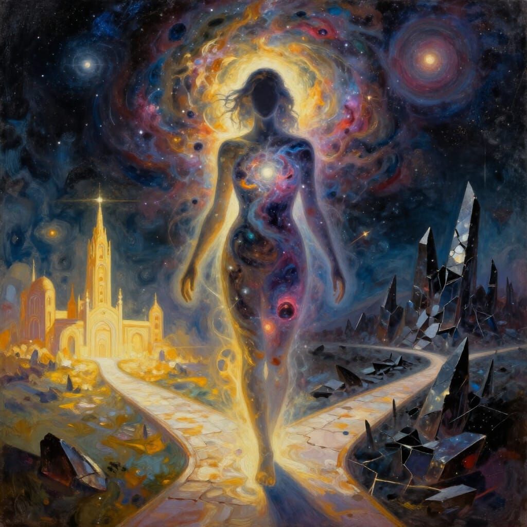 Divine Figure at Crossroads Between Heaven and Hell