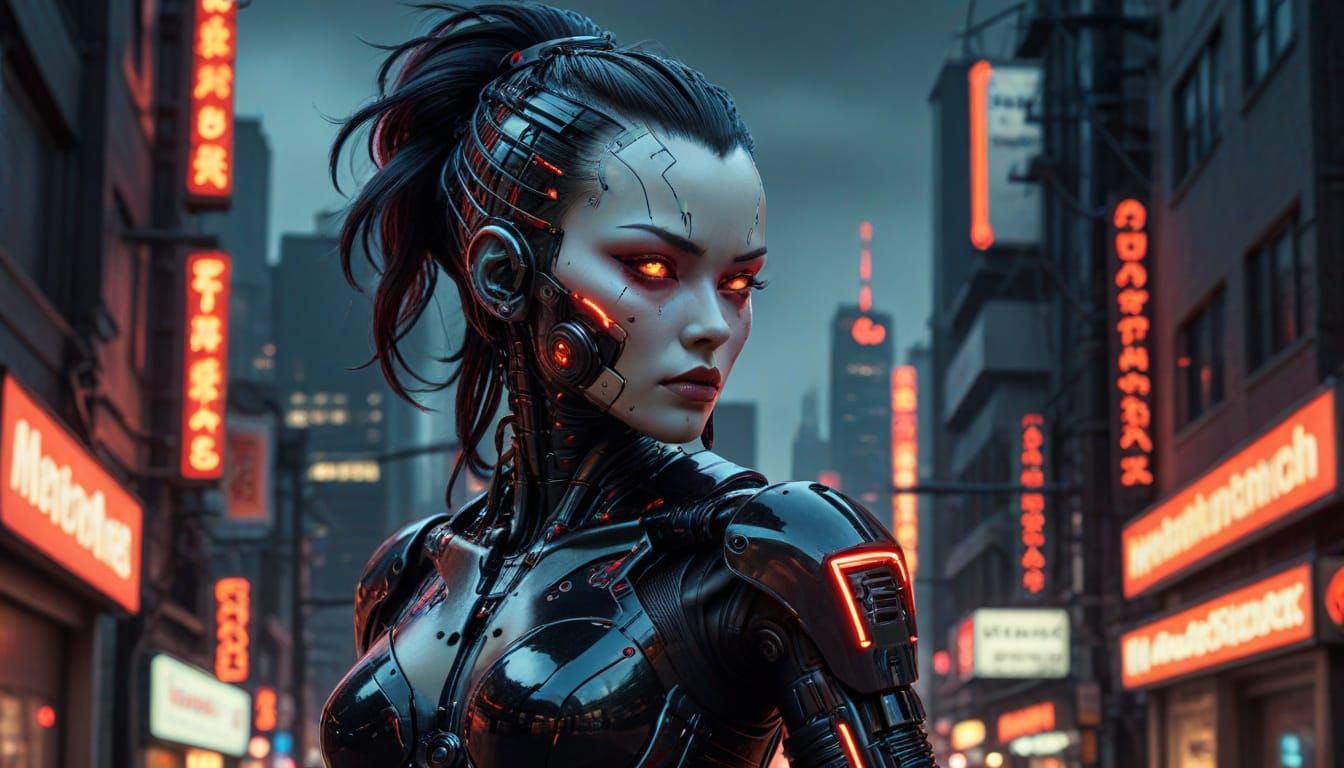 Gothic Cyborg Pinup in Cyberpunk Cityscape