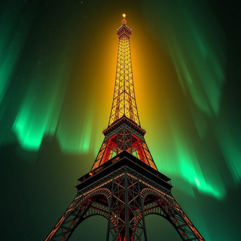 Eiffel Tower in Space with Aurora Borealis