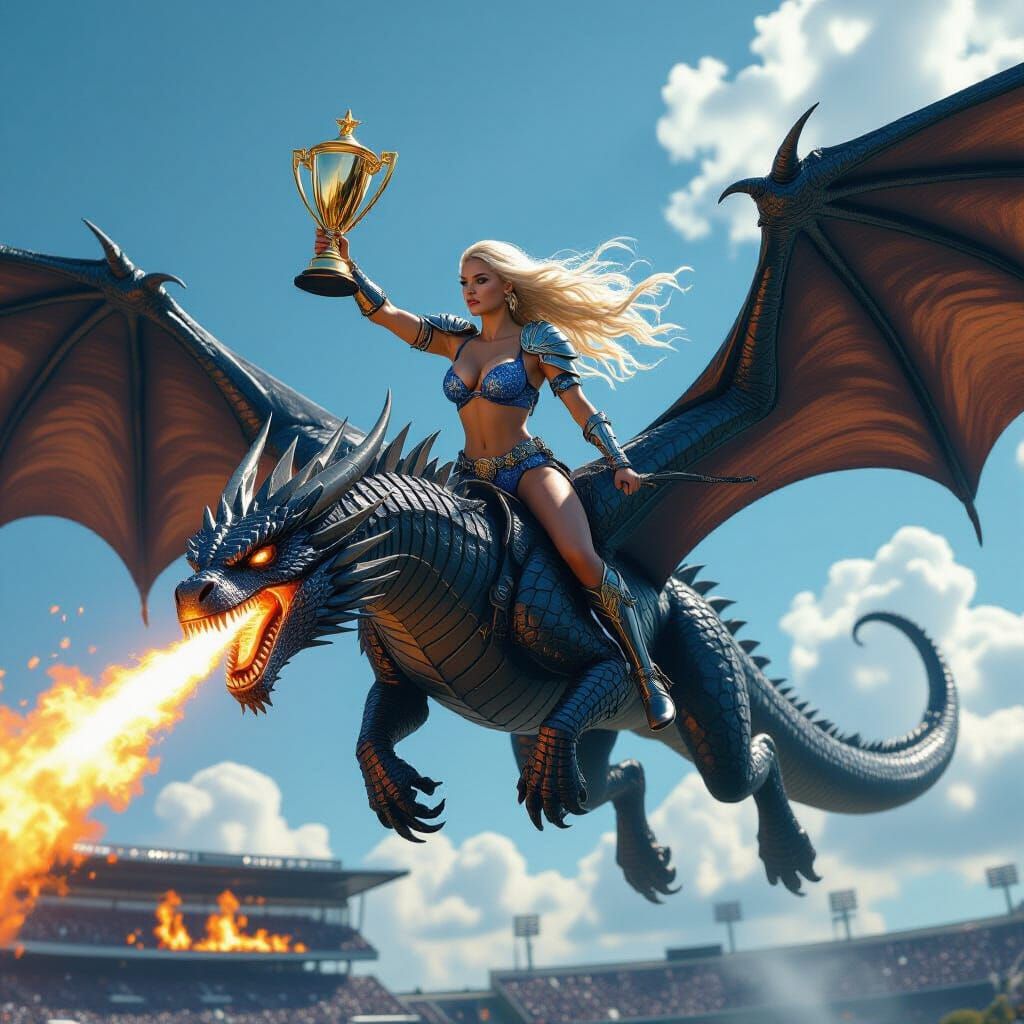 Warrior Rides Dragon Above Burning Stadium