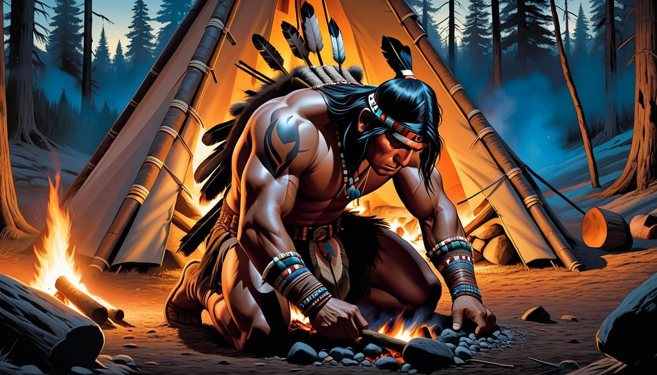 Native American by Campfire: Comic Book Art
