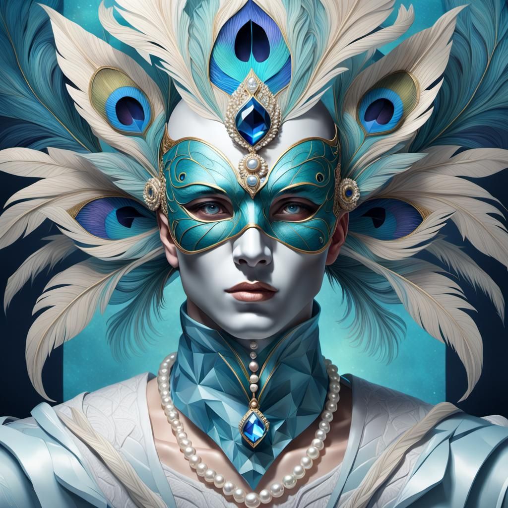 Masked Man Portrait with Crystal and Marble Details