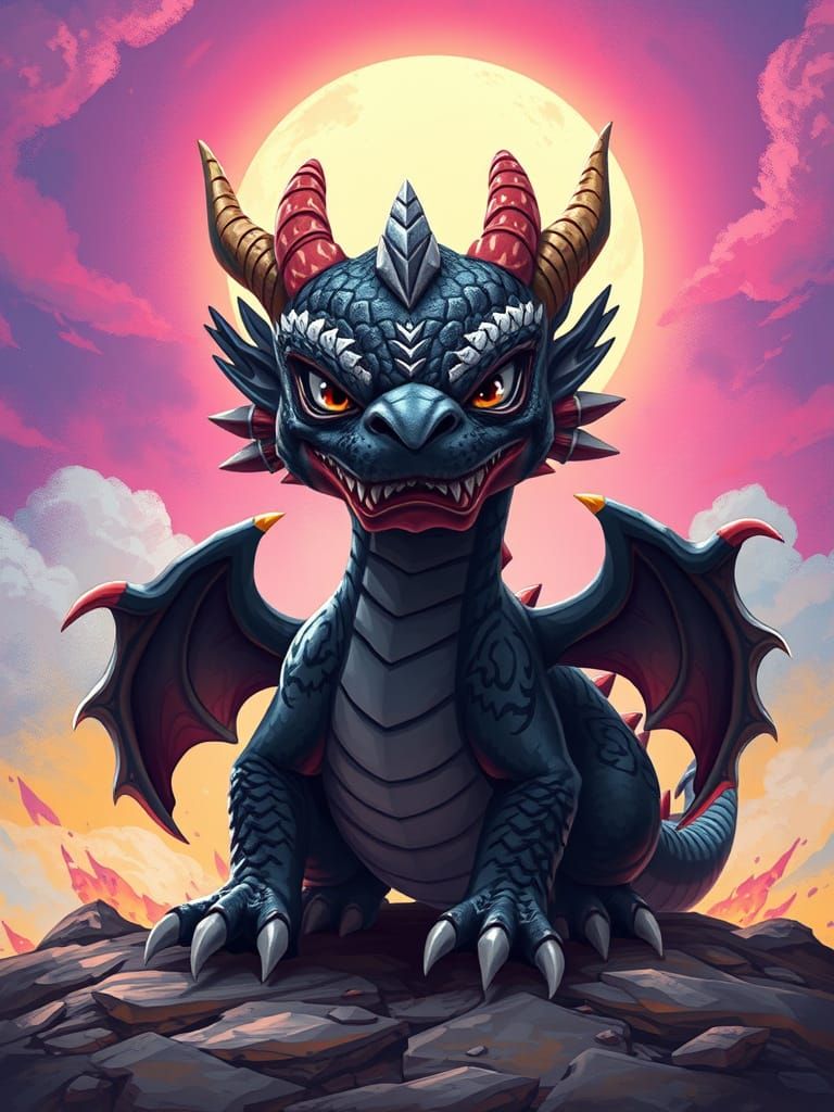 Chibi Dragon in Deep Contrast Fantasy Art