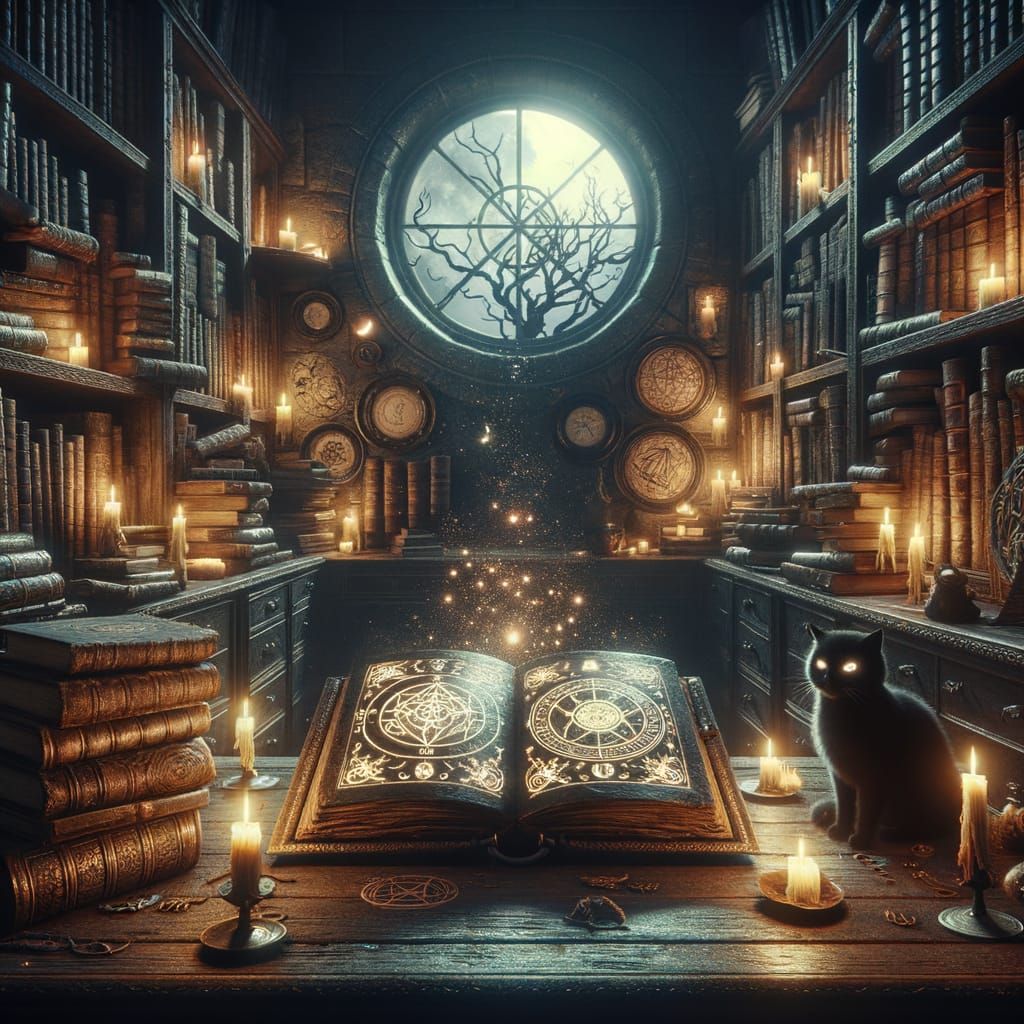 Mysterious Witch Room with Glowing Book of Sorcery