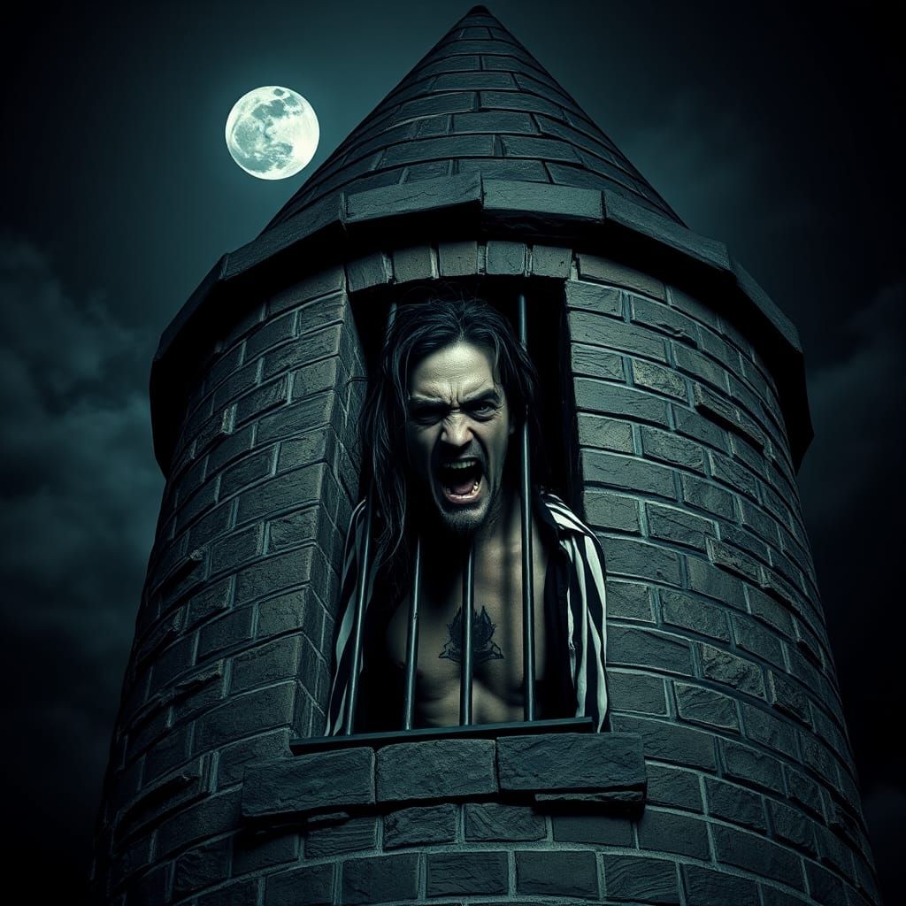 Anguished Prisoner in Tower: Photorealistic Double Exposure