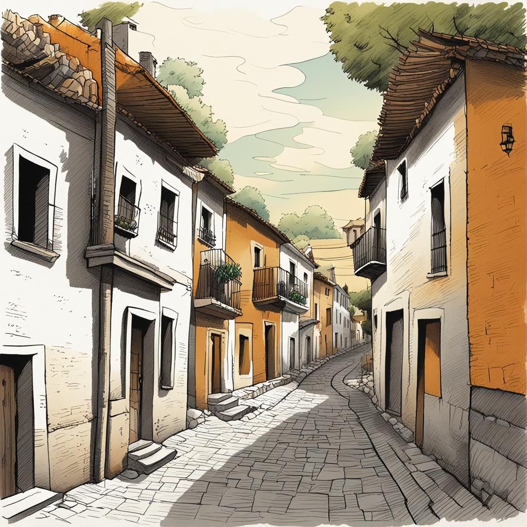 Cartoon Town Street Scene in Children's Comic Style