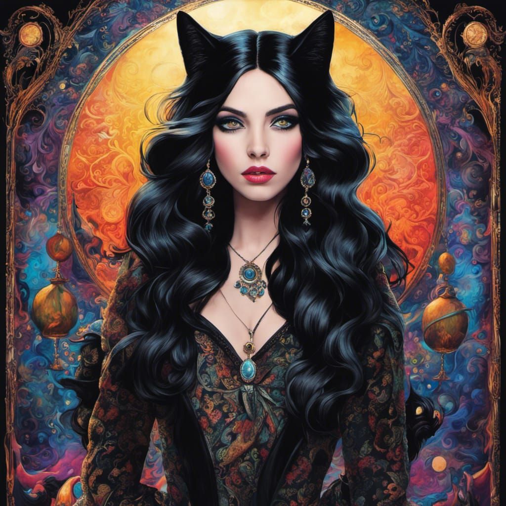 Gothic Woman with Cat in Tim Burton Style