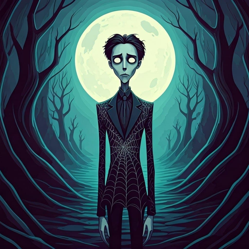 Eerie Man in Burtonesque Pop Surrealism Landscape