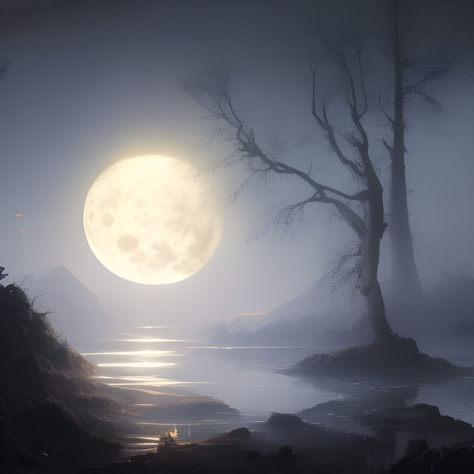 Full Moon Reflection: Dark Fantasy Art