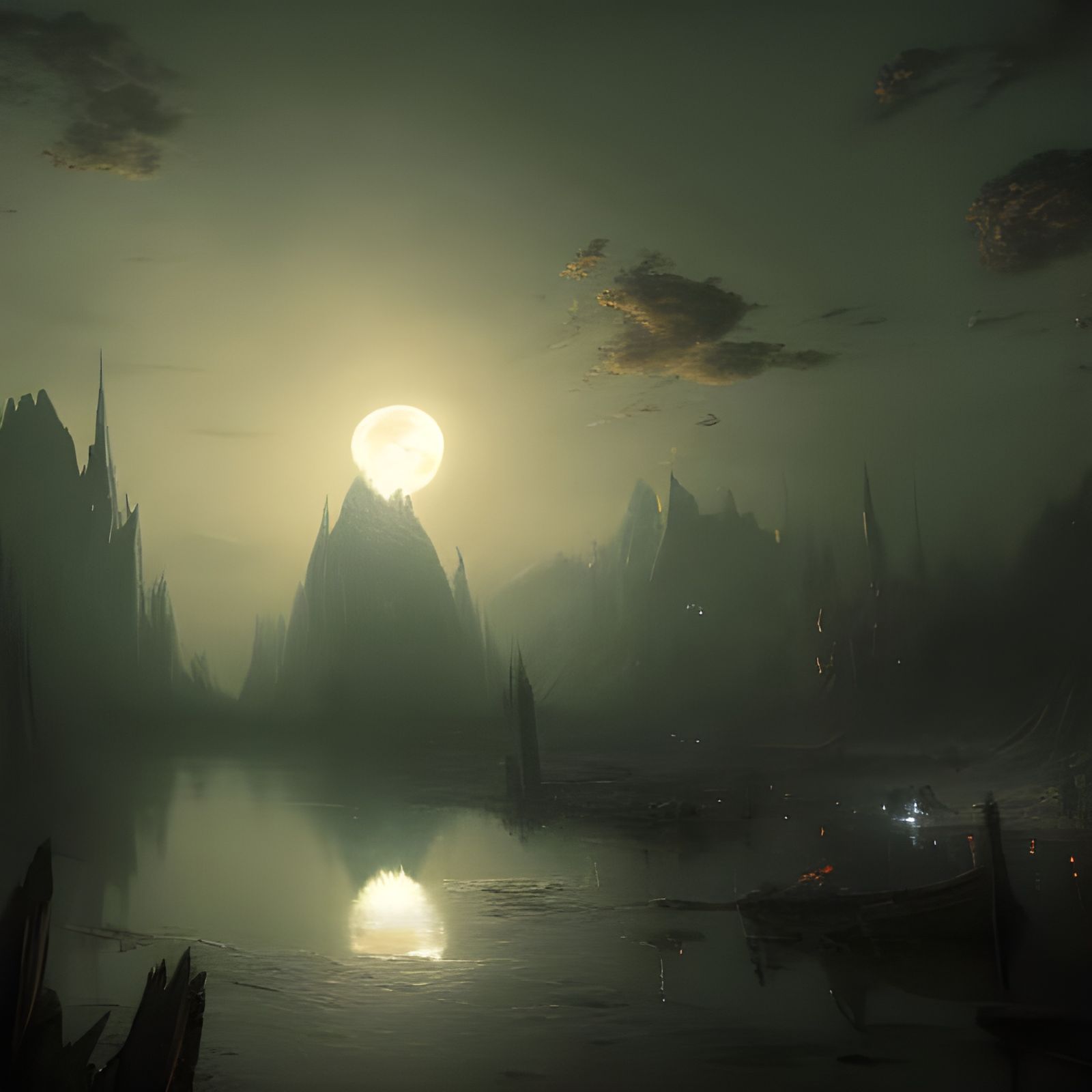 Full Moon Reflection: Dark Fantasy Art Nouveau