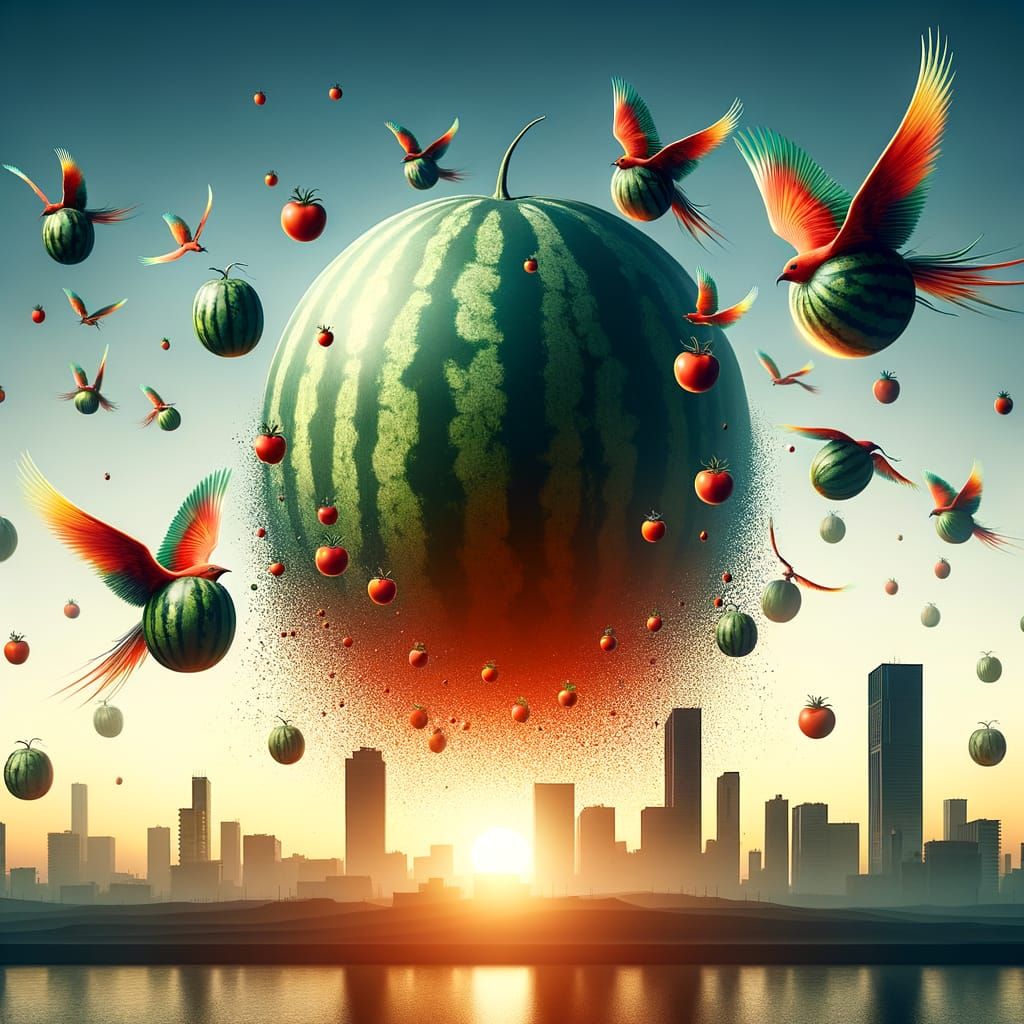 Watermelon Rain Over City Sunrise with Tomato Birds