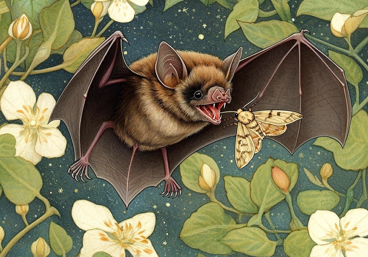 Brown Bat Catches Moth: Fantasy Illustration