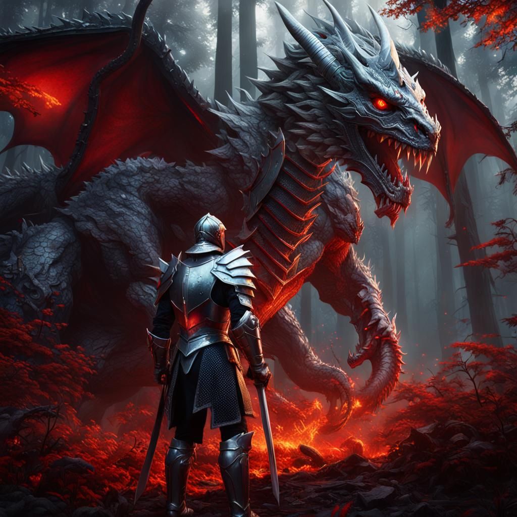 Brave Knight Confronts Dragon in Dense Forest