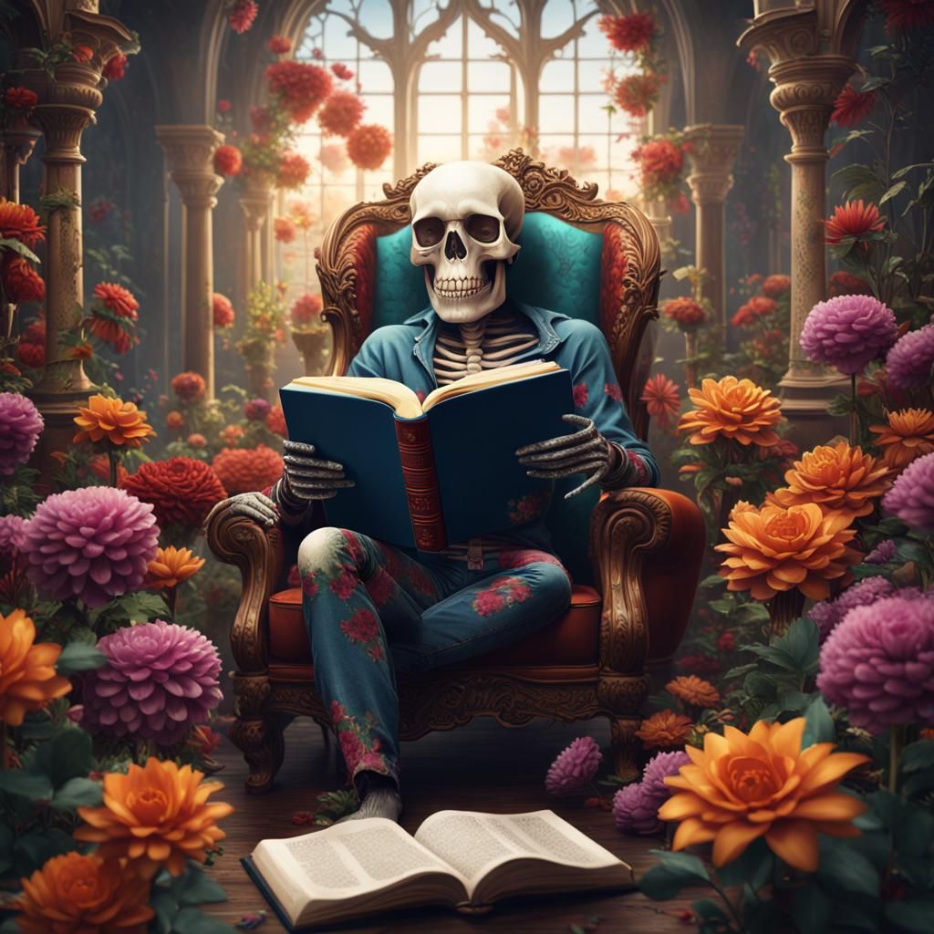 Skull Reads a Book Amidst Big Flowers