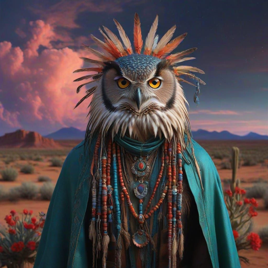 Mystical Desert Shaman with Iridescent Cloak and Glowing Owl