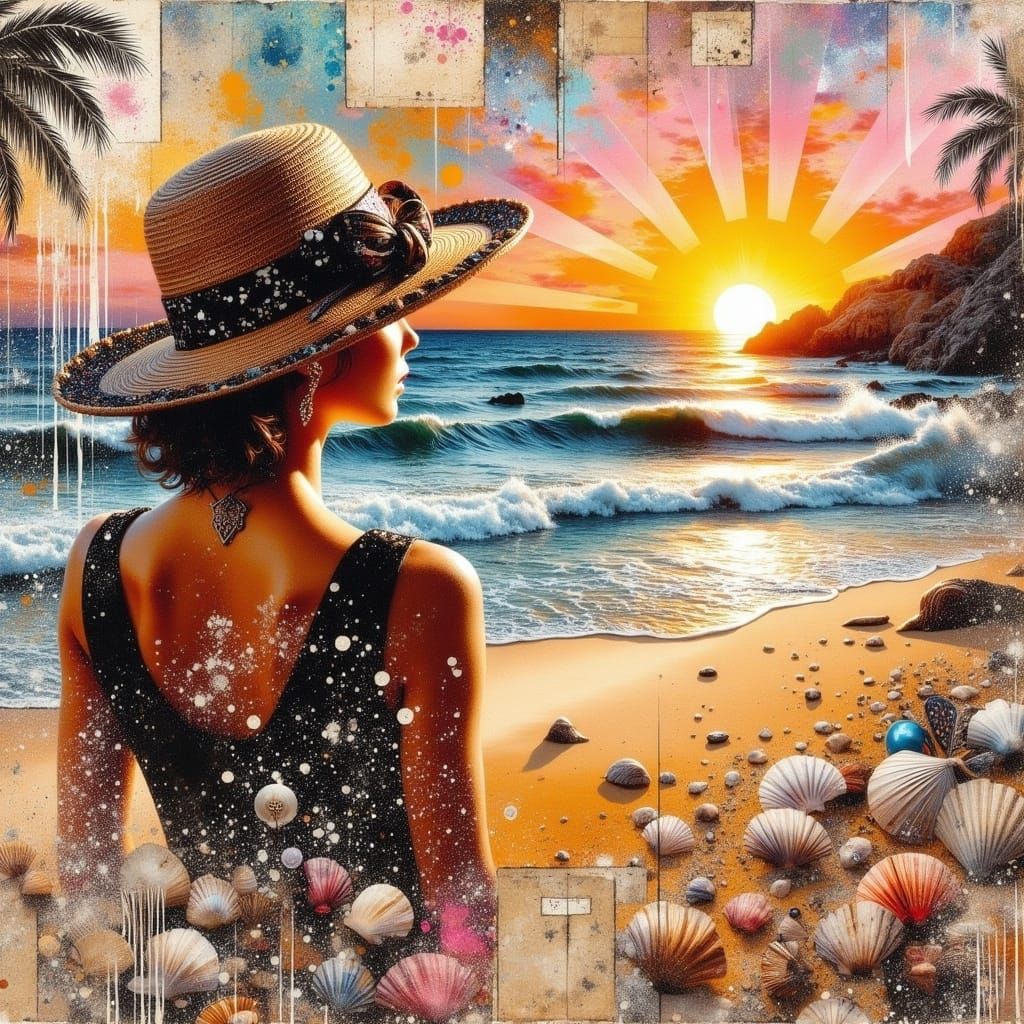 Woman at Sunset Beach in Mixed Media