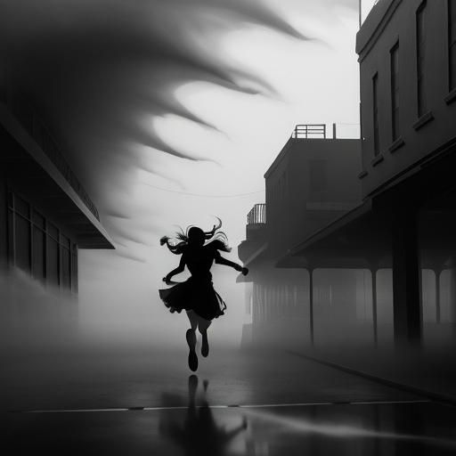 Comic Noir Expressionism (Mist:1.6) shadows silhouette woman running down street