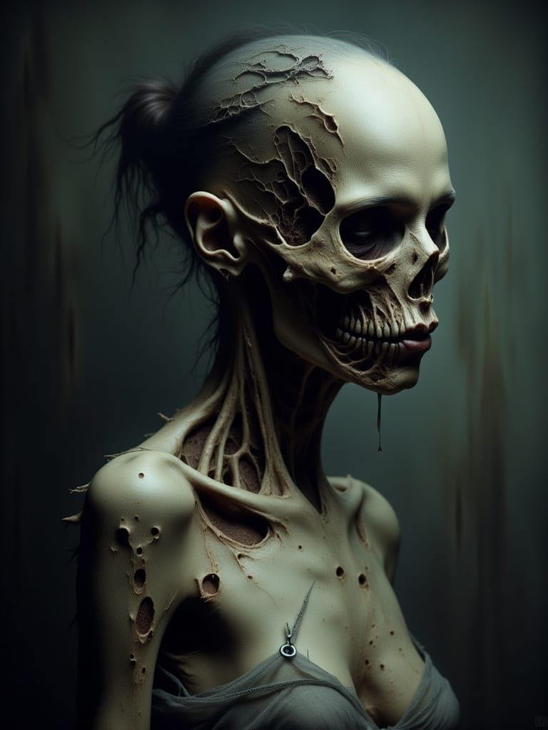 Sinister Woman with Rotting Face in Dark Fantasy Style