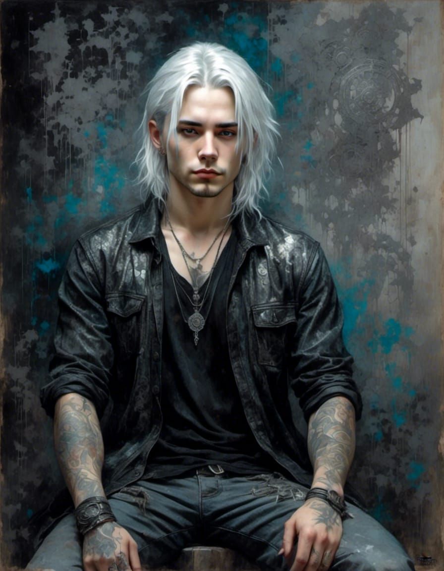 Goth Man Portrait with Silver Fractal Background