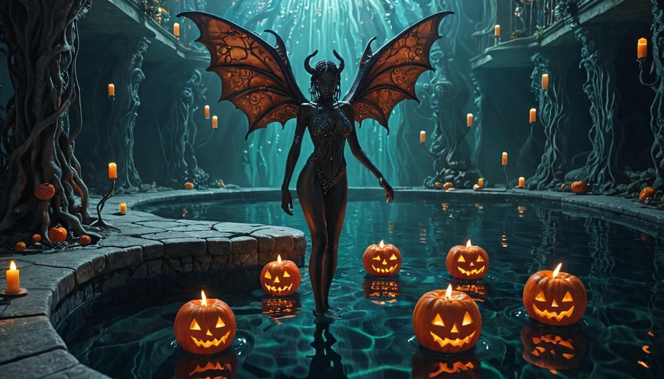 Demon Stepping Into Pool with Underwater Candles