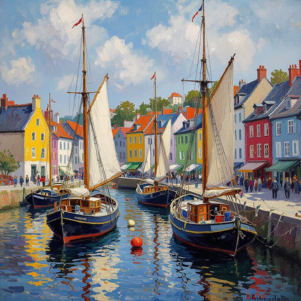 Bustling Harbour Scene with Sailing Ships in Impressionist S...