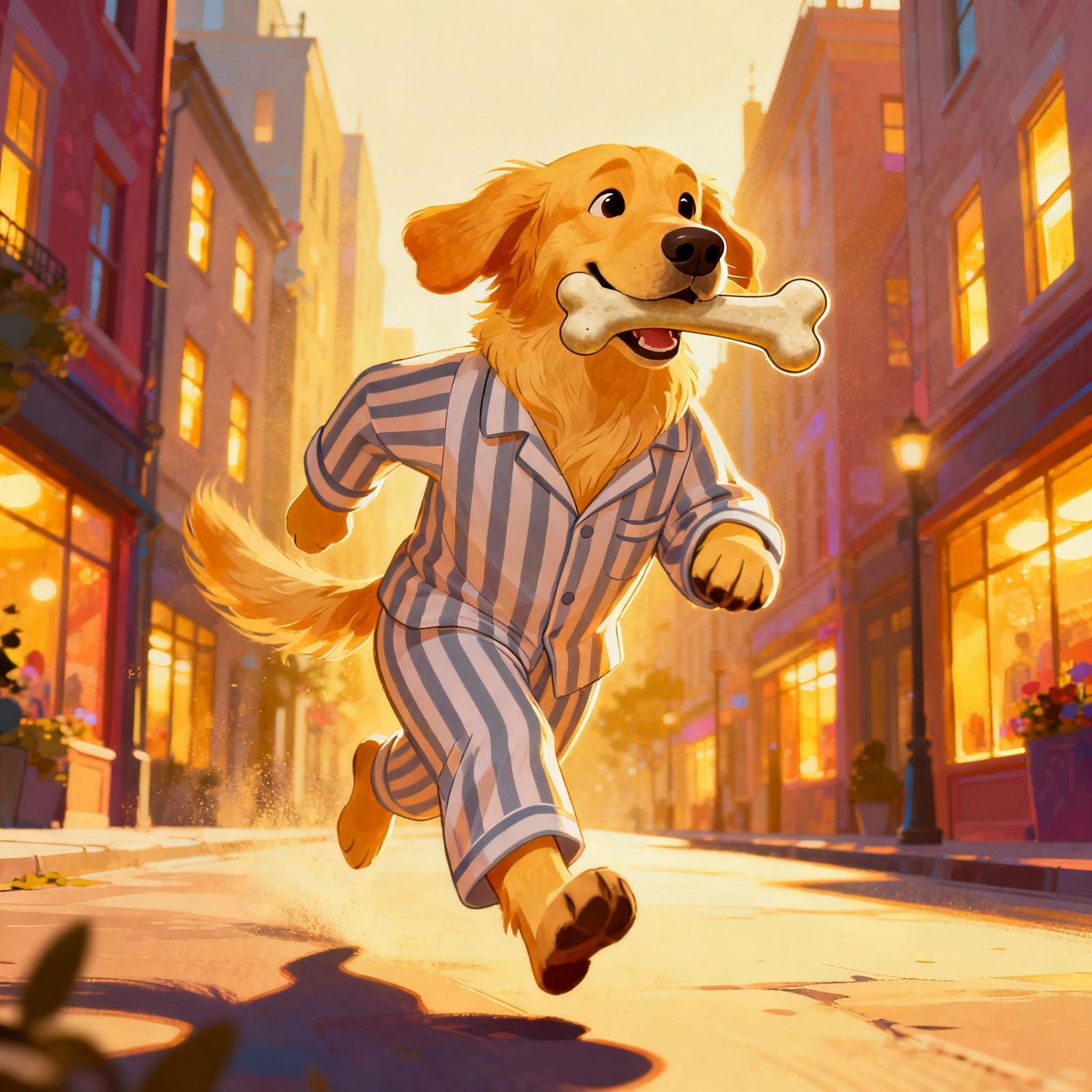 Joyful Golden Retriever in Pajamas with Bone on Vibrant Stre...