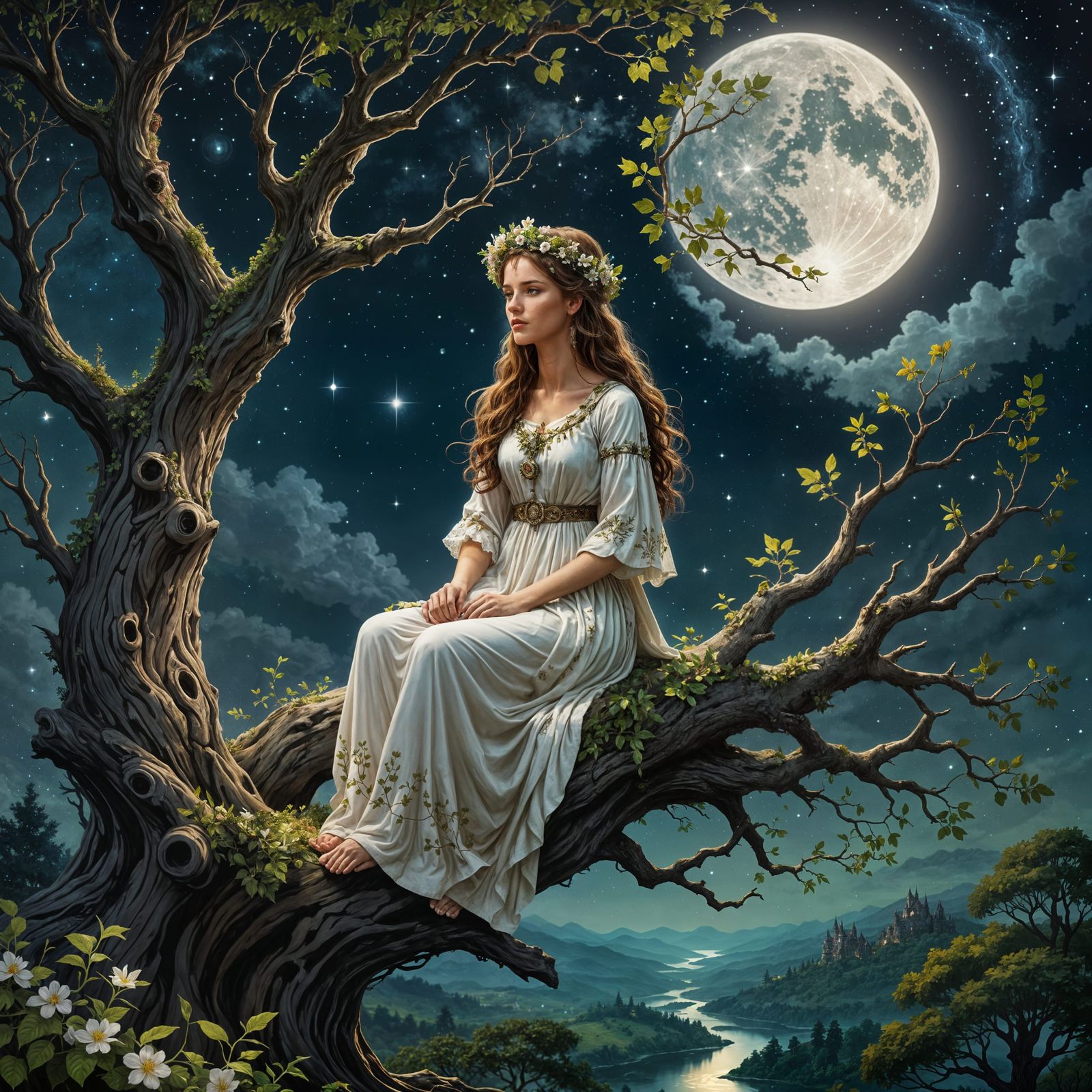 Glowing Moonlit Druid Connects with Ancient Oak