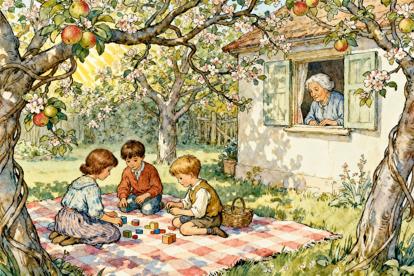 Grandmother's Garden Blooming with Playful Grandchildren