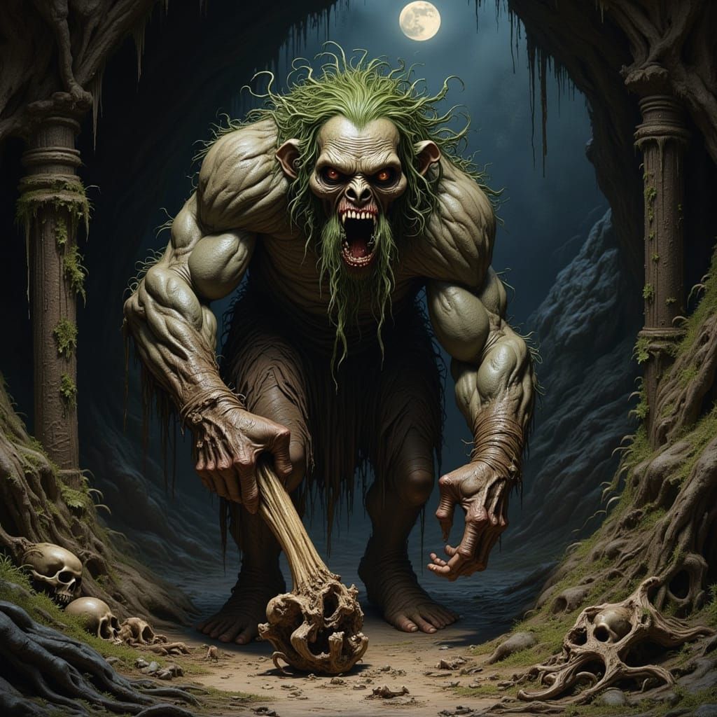 Colossal Troll in Dark Fantasy Cave Scene