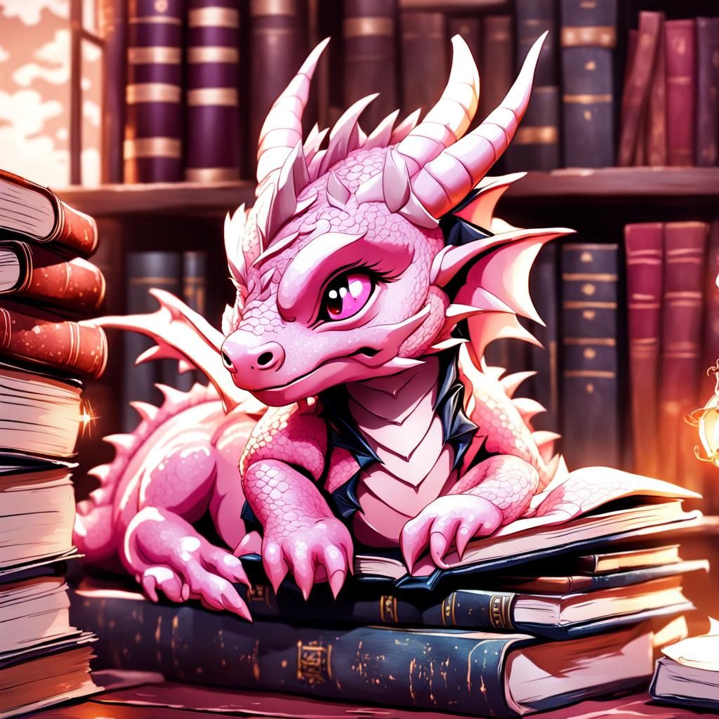 Chibi Pink Dragon Asleep in Study, Anime Style