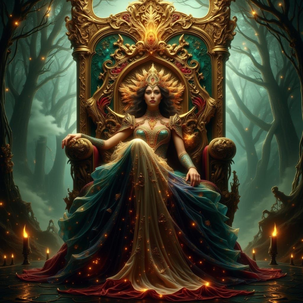 Majestic Queen in Art Nouveau Style on Ancient Throne
